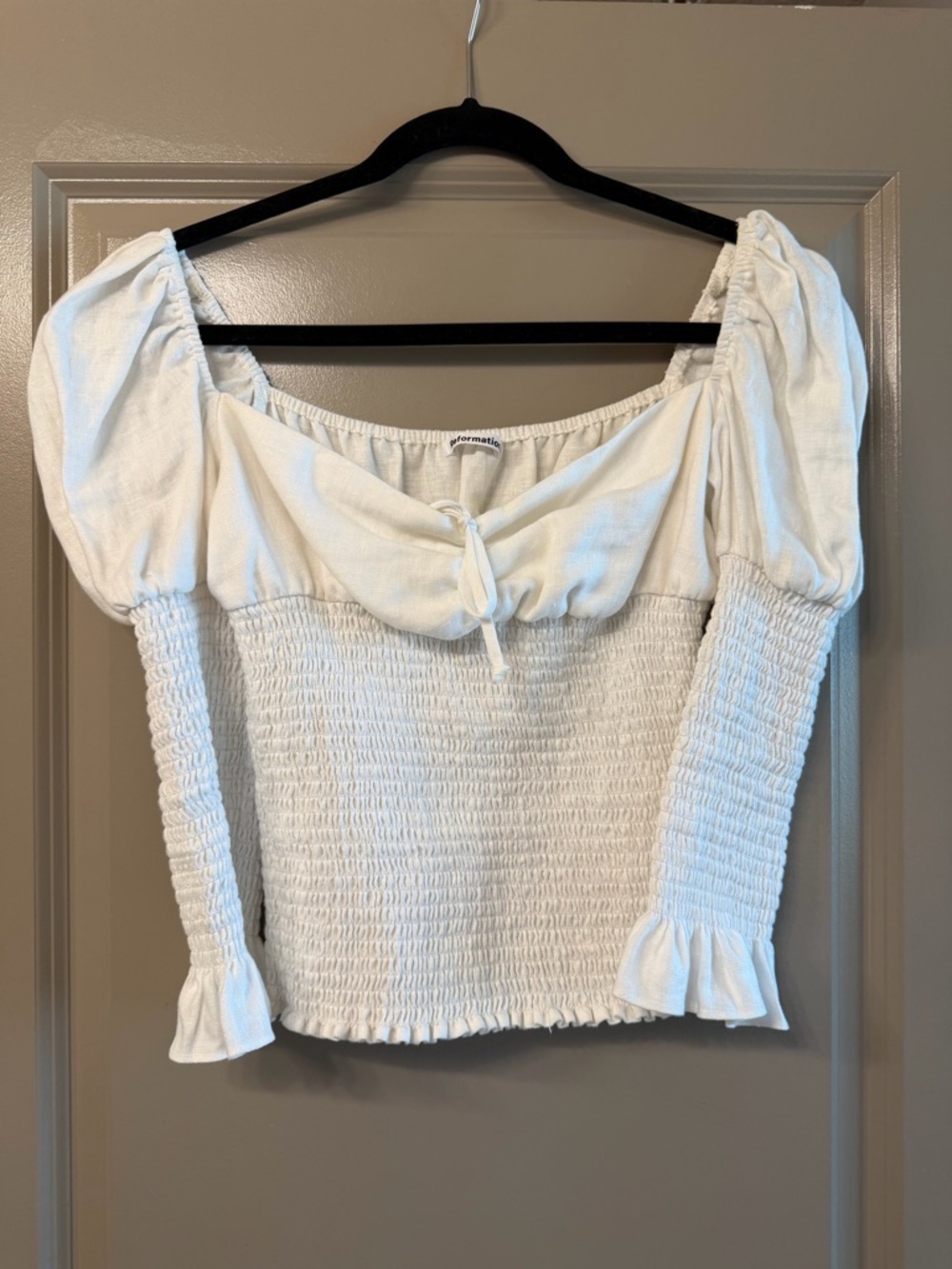 Reformation White Smocked Puff-Sleeve Tie-Front Top